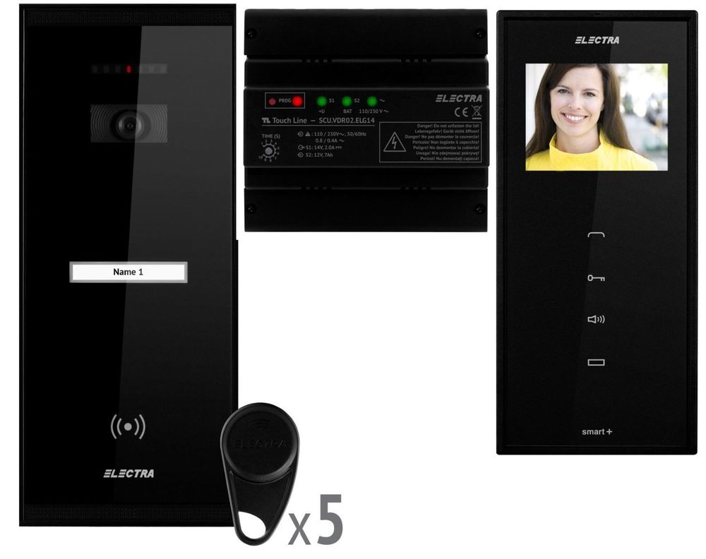 Kit videointerfon Electra, 1 familie, montaj ingropat, monitor 3,5", 5 x tag-uri, negru
