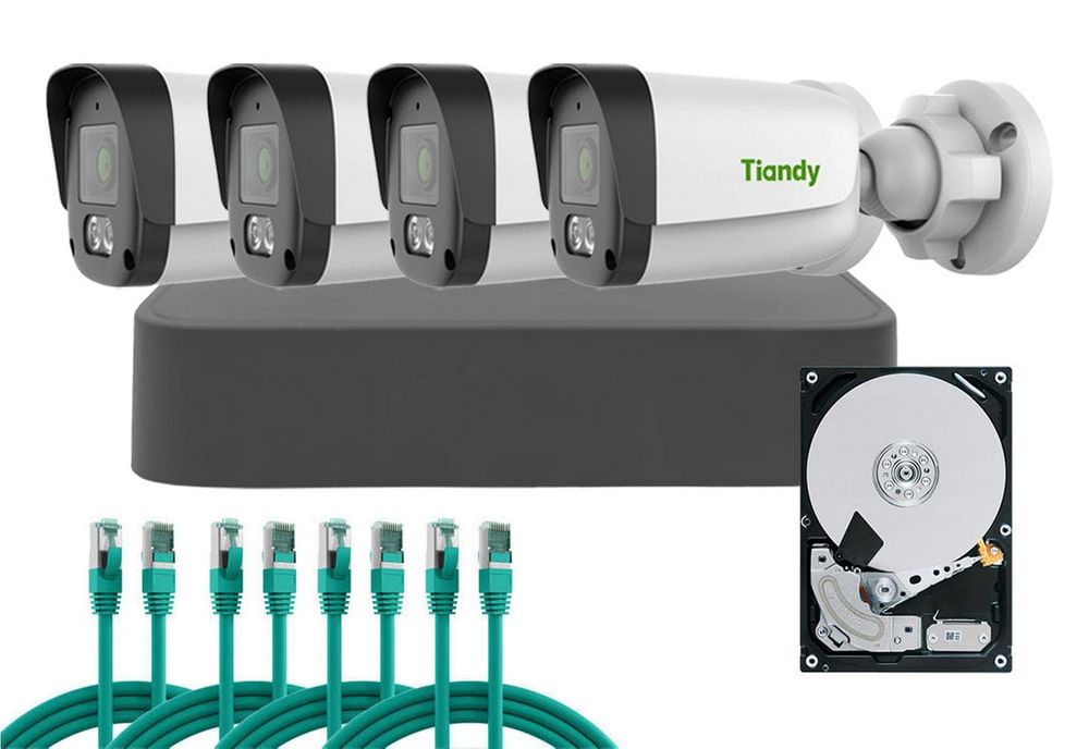 Kit supraveghere complet IP PoE Tiandy, 4 camere, 4MP, IR 30m, NVR 8 canale, KIT-TN4MPEXTPOEFULL