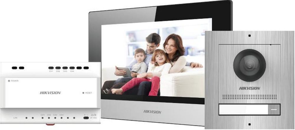 Kit videointerfon IP pe 2 fire Hikvision DS-KIS702/S, 1 familie, ecran LCD 7 inch, 2MP FULL HD, montaj aparent, card inclus