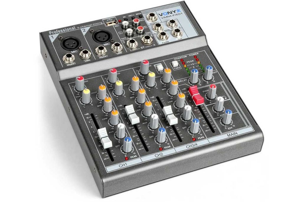 Mixer pasiv Vonyx VMM-F401, 4 canale, USB, 2x intrari de microfon, RCA