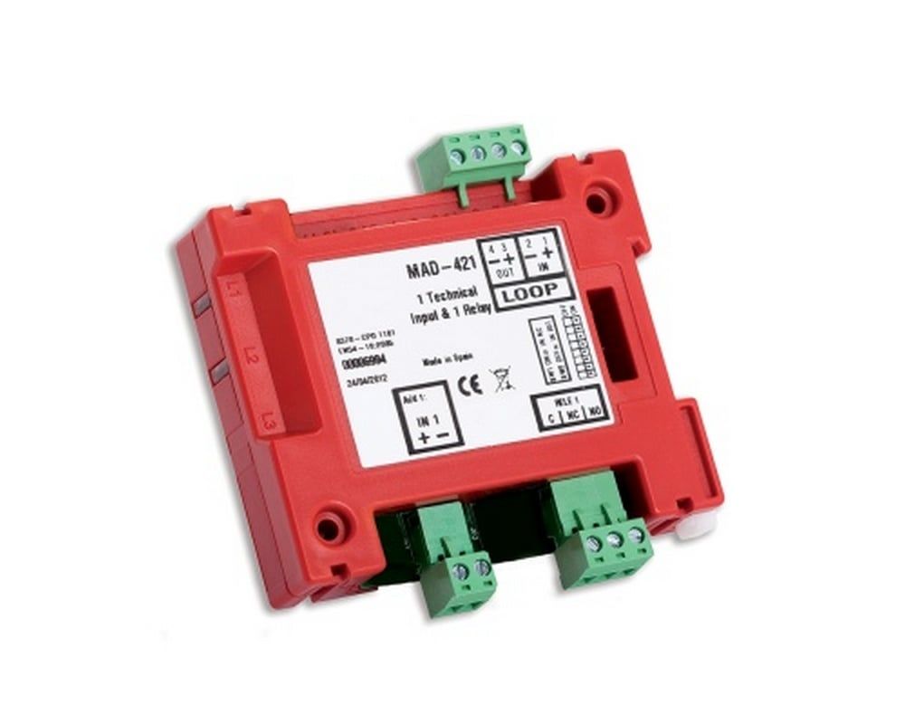 Modul adresabil, o intrare si o iesire pe releu, izolator inclus, montaj sina DIN, Detnov MAD-421-I