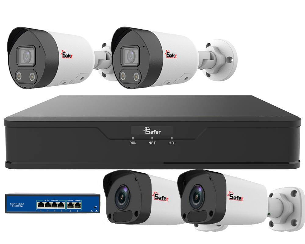 Kit supraveghere IP 4 camere, 5MP - 2MP, Lentila IR 50m, LED-uri cu lumina alba 50m, Microfon, NVR, Switch SAF-4XNVRSP4MP-Z-52 - A2t.ro Kit supraveghere IP 4 camere, 5MP - 2MP, Lentila IR 50m, LED-uri cu lumina alba 50m, Microfon, NVR, Switch SAF-4XNVRSP4MP-Z-52 - A2t.ro