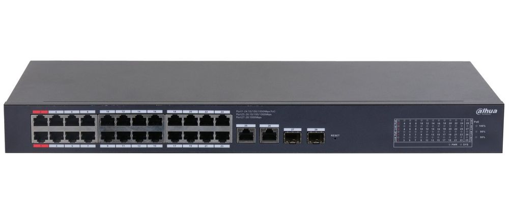 Switch 28 porturi Dahua, 24x PoE, 2x SFP, 2x RJ-45 Uplink, max 375W, Watchdog, management prin cloud, CS4228-24GT-375