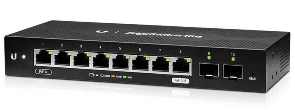 Switch PoE Ubiquiti ES-10X 8 porturi RJ45 Gigabit, 2 porturi SFP, 15W, montare in rack