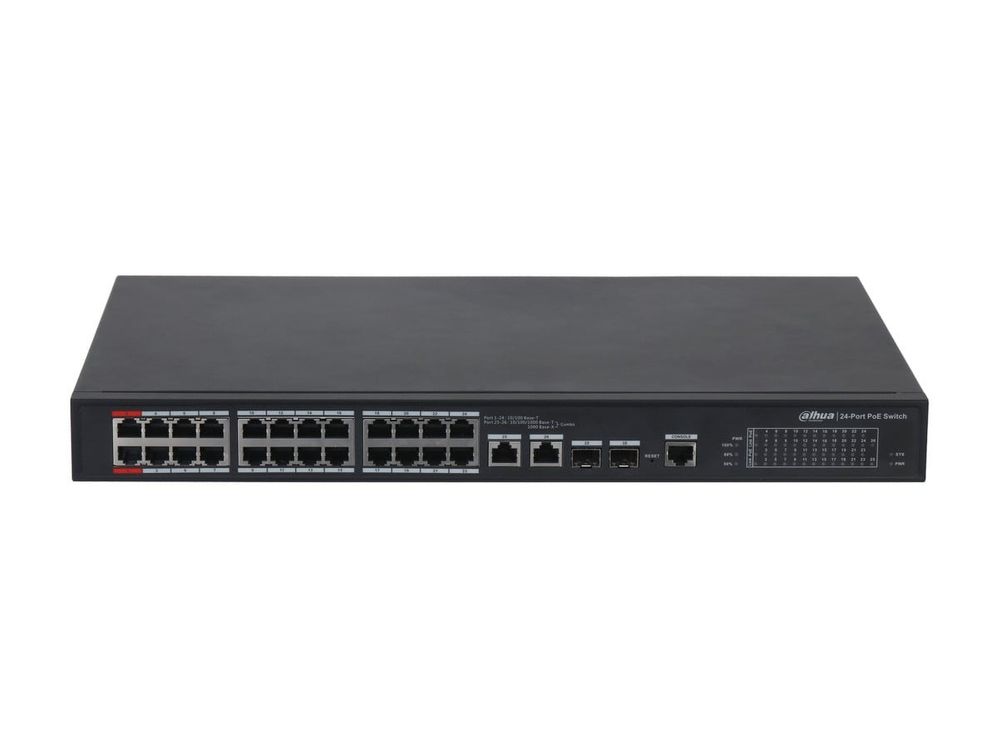 Switch 29 porturi, Dahua PFS4226-24ET-360-V3, 24x Rj45 PoE 2.0, 2x RJ45 Gb uplink, 2x SFP Gb uplink, 1x consola, 360W, Watchdog, cu management