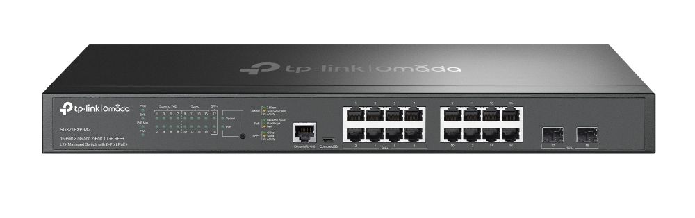 Switch Omada Tp-Link Omada SG3218XP-M2, 16 porturi 2.5G, 8 porturi PoE, 2 porturi SFP+, Buget PoE 240W, Management in Cloud