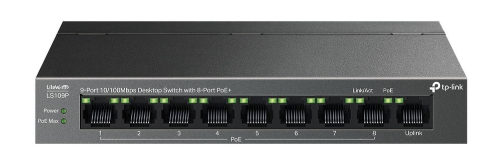 Switch PoE 9 porturi Tp-Link Omada LS109P, 8x porturi PoE+, 1x port RJ45 10/100Mbps, max 63W, fara management 