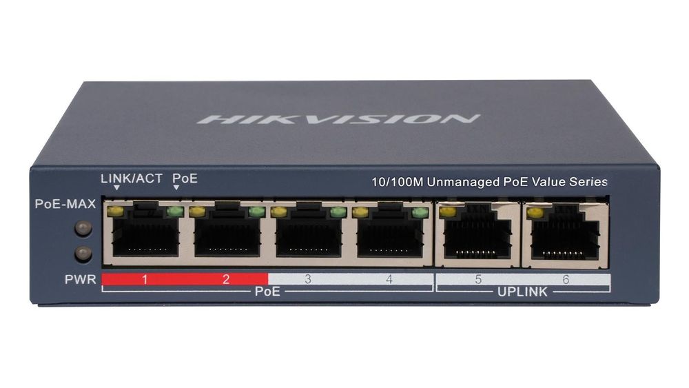Switch PoE Hikvision DS-3E0106P-E/M(B), 6 porturi, 4x PoE 10/100 Mbps, 2x RJ45, 35W, 30W/port, transmisie 300m, fara management