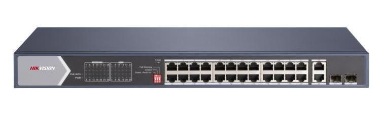 Switch PoE Hikvision DS-3E0528HP-E, 24 porturi Gigabit, 2x SFP, 2x uplink RJ45, 90W, protectie 6kV
