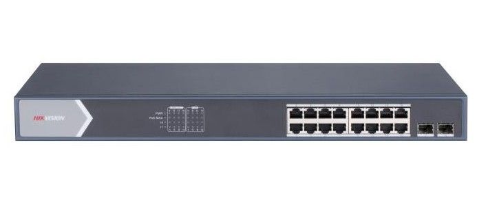 Switch PoE Hikvision DS-3E1518P-SI, 16 porturi PoE, 2 porturi SFP, putere PoE per port 30W, protectie supratensiune 6KV