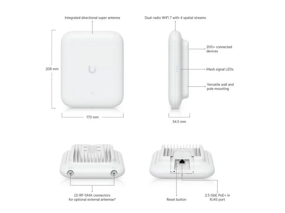 Acces point Ubiquiti U7-OUTDOOR, Wi-Fi 7, 2.4 GHz si 5 GHz, PoE+