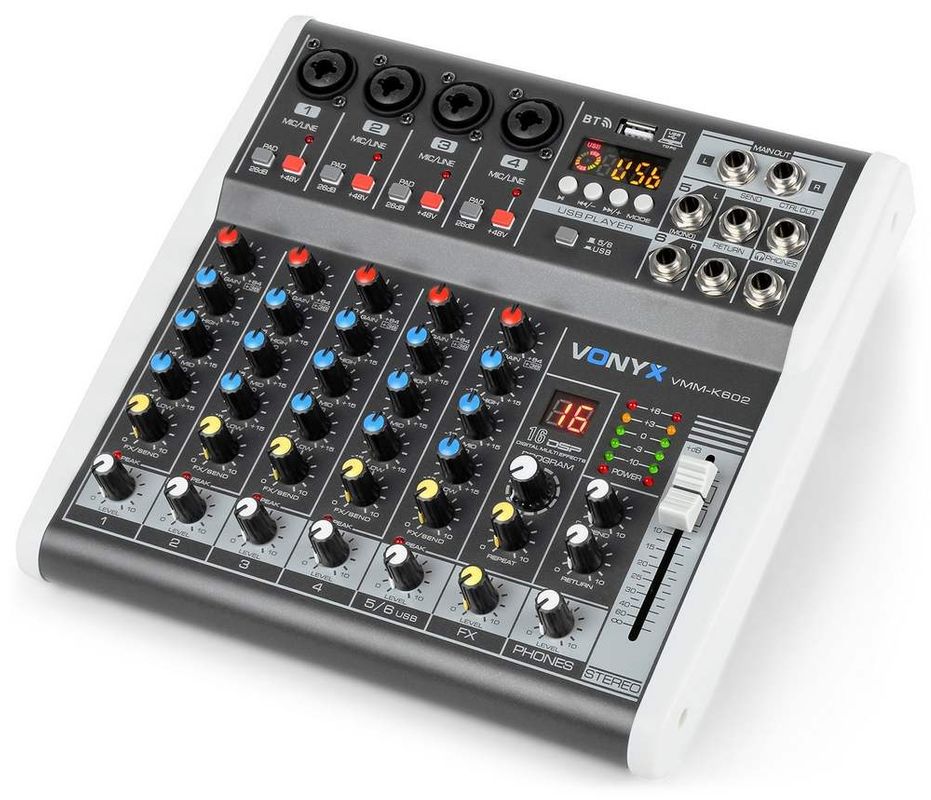 Mixer analog pasiv, 6 canale, Bluetooth, USB, XLR, alimentare