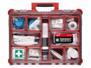 Trusa de prim ajutor Milwaukee Packout XL, 10 compartimente detasabile, contine plasturi, bandaje, foarfeca, solutii spalare, IP65, 4932492962