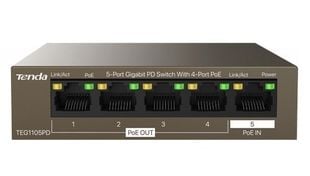 Switch 5 porturi 10/100/1000Mbps, 4 porturi PoE OUT, 1 port PoE IN, 30W, protectie 6kV, Tenda TND-TEG1105PD
