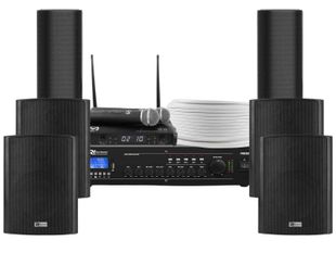 Sonorizare biserica pentru interior-exterior, statie cu 2 microfoane wireless, amplificator, 4 boxe perete, 2 difuzoare PA, KITBIS6040B