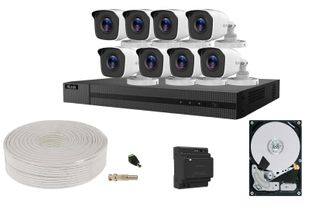 Kit supraveghere HDTVI Hikvision HiLook, 4 camere exterior, 2MP, DVR 4 canale, HDD si accesorii, KITDVR4CAMHDD-ACC