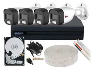 Kit sistem de supraveghere HDCVI, 4 camere 2MP, LED alb 20m, DVR 4 canale, Dahua Eco Series, HDD, KITECO-4X-2MPLED20M-HDD