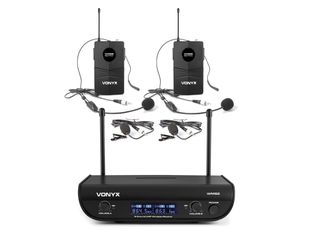 Set 2 microfoane lavaliera si 2 microfoane cu casca wireless UHF, transmitator cu afisaj, iesiri Jack 6.3mm, XLR, baterii 2x AA 3V, Vonyx WM82B