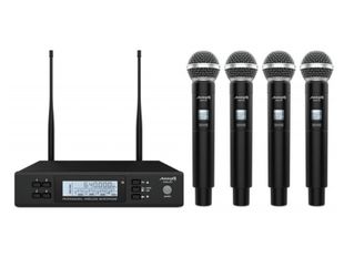 Sistem microfoane wireless Audibax AWM401, 4 microfoane de mana, 4 canale, 4 iesiri XLR, transmisie PLL stabila, raza 100m, UHF 640-690MHz