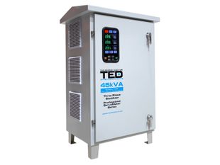 Stabilizator tensiune trifazat exterior TED TED007483, 45kVA, 36kW, cu servomotor, IP65, intrare 242-520V, iesire 400V +/-3%, bypass, LCD