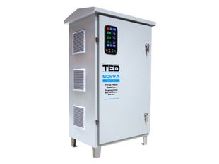 Stabilizator tensiune trifazat exterior TED TED007490, 60kVA, 48kW, cu servomotor, IP65, intrare 242-520V, iesire 400V +/-3%, bypass, LCD