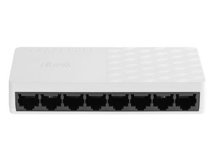 Switch retea desktop IP HiLook NS-0108D, 8 porturi RJ45 10/100 Mbps, fara management, 1.6 Gbps, utilizare usoara, montaj birou sau perete