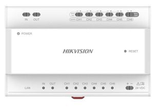 Distribuitor cu 2 fire, 6 porturi, 8 indicatori de interfata, 1x RJ45, montare sina DIN, 24V, Hikvision DS-KAD706Y