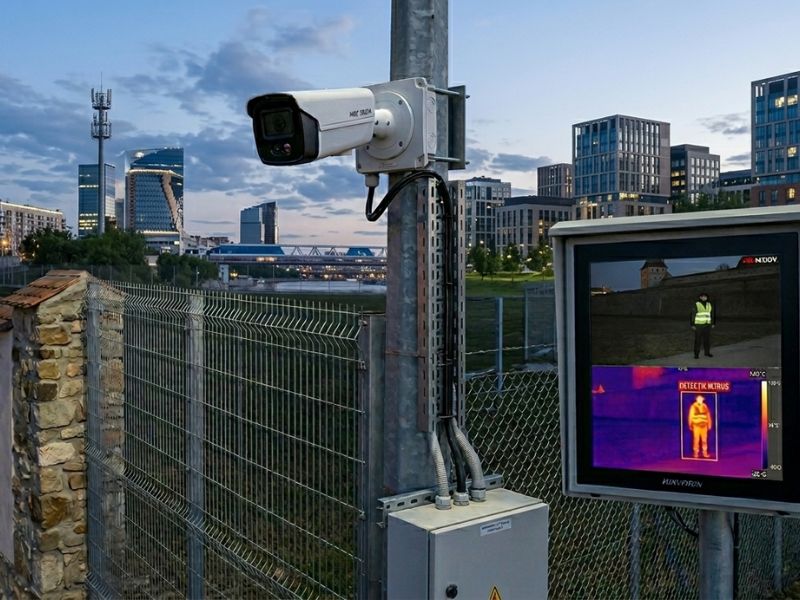 Camera termica exterior detectand intrusi in curte