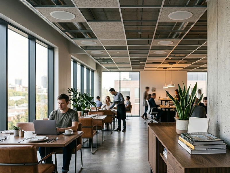 Difuzor IP de tavan pentru sonorizare restaurant cu design discret si carcasa alba