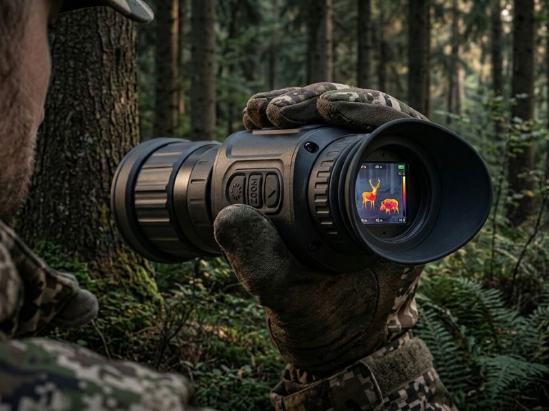 Monoclu termoviziune compact utilizat pentru observarea animalelor in padure