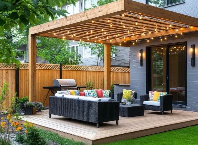 Pergola moderna pentru terasa casei si usa de la intrare