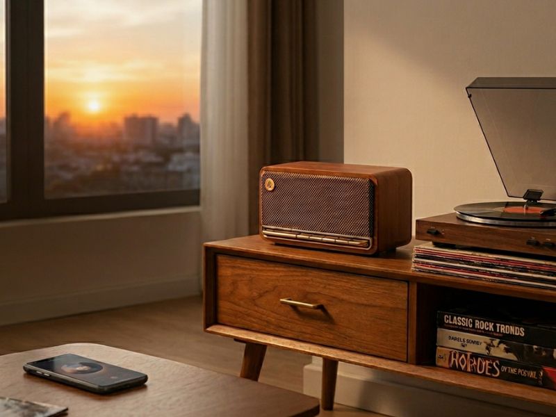 boxa cu design retro amplasata pe mobilierul din living