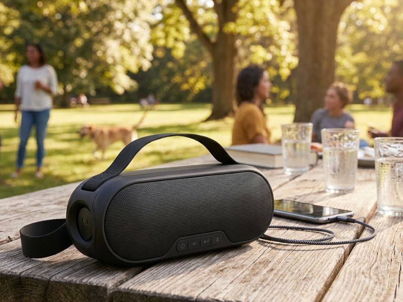 boxa portabila jbl utilizata la o petrecere in aer liber