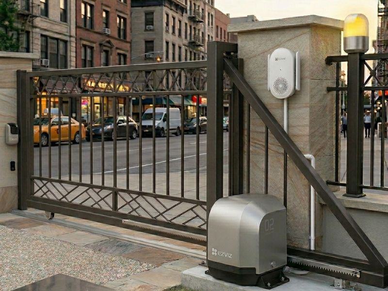 componente pachet automatizare poarta Ezviz CS-HG2 pe poarta in zona urbana