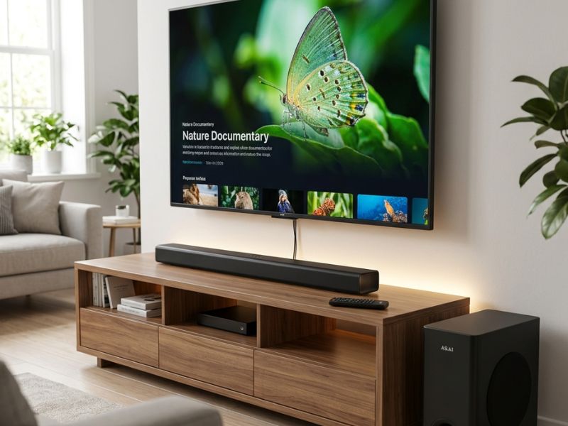 soundbar amplasat sub un smart Tv intr-o sufragerie