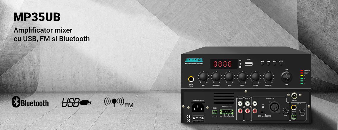 Amplificator cu mixer 100V-35W, cu BT, FM, USB, 3 AUX, 2 MIC, 4-16 Ohmi, DSPPA MP35UB