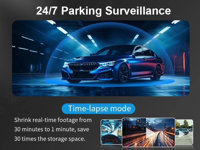 Camera inregistreaza in bucla si blocheaza automat videoclipurile importante in cazul unui impact, datorita functiei de detectare coliziuni (G-sensor). De asemenea, permite inregistrare time-lapse, pentru economie de spatiu si analiza rapida a evenimentelor.