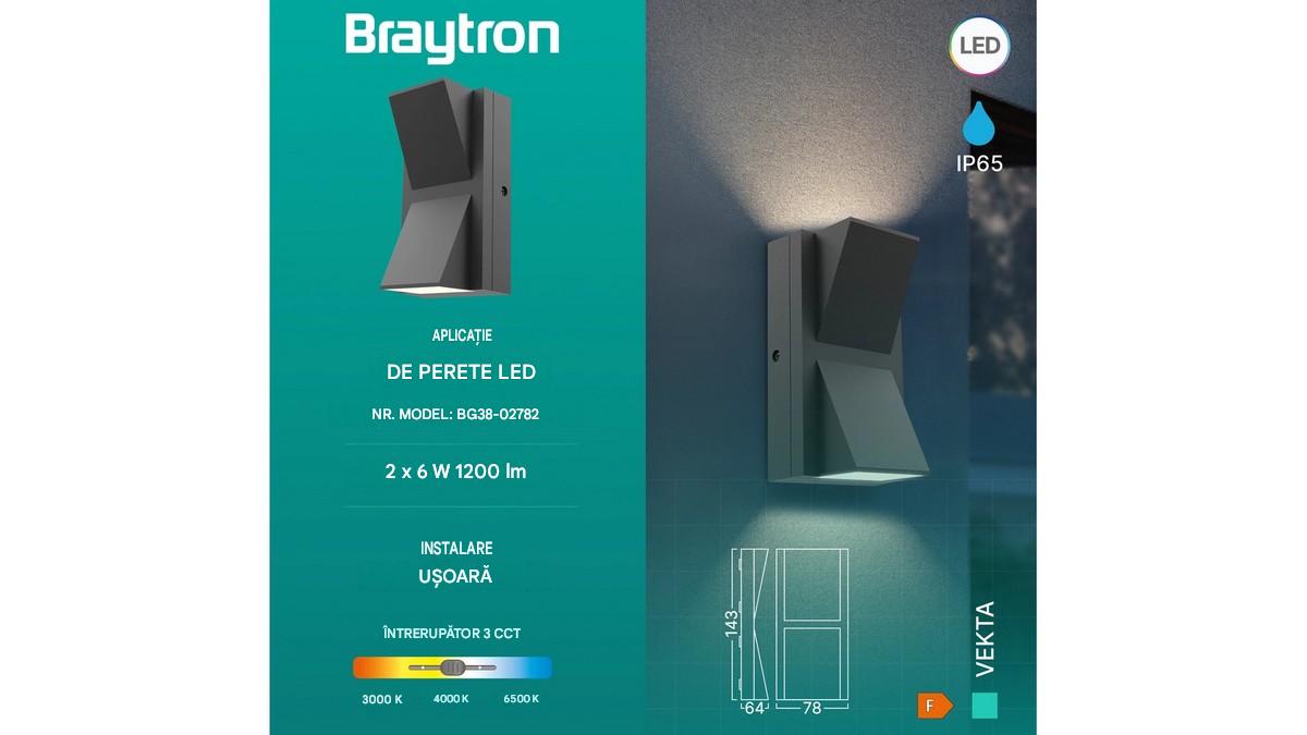 Aplica LED exterior Braytron Vekta BR-BG38-02782, 2x6W,1200lm, lumina selectabila 3IN1, IP65, IK08, gri, montare pe perete