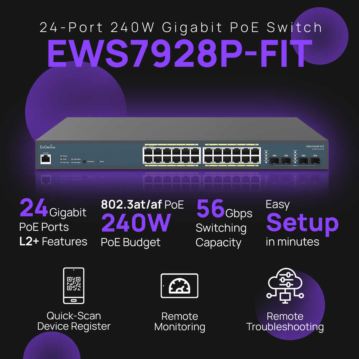 switch cu 24 porturi PoE, 56Gbps, 240W