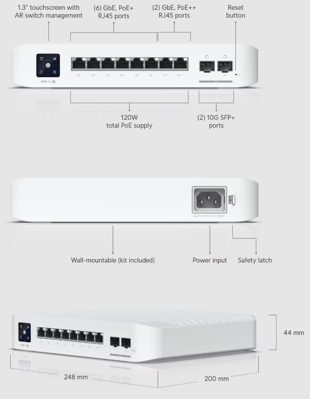 Imagine USW-PRO-8-POE switch PoE  vedere din mai multe perspective