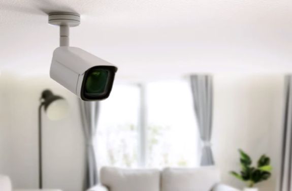 Camera de securitate ip montata pe tavanul unui living, asigurand supravegherea spatiului.
