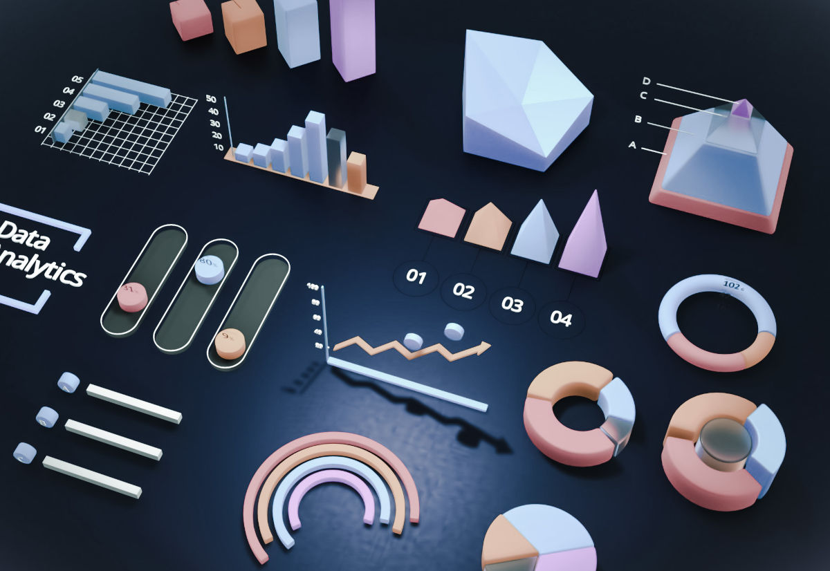 Grafic 3D si date vizualizate pe un fundal intunecat, evidentiind statistici culese de camerele de supraveghere IP.