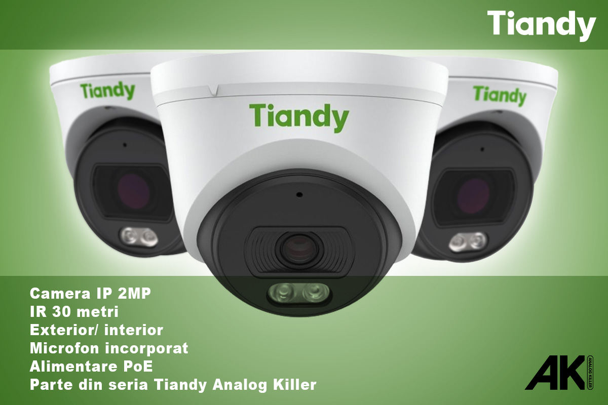 Camera de supraveghere IP de 2MP pentru exterior/ interior, infrarosu distanta 30 metri, din seria Tiandy Analog Killer 