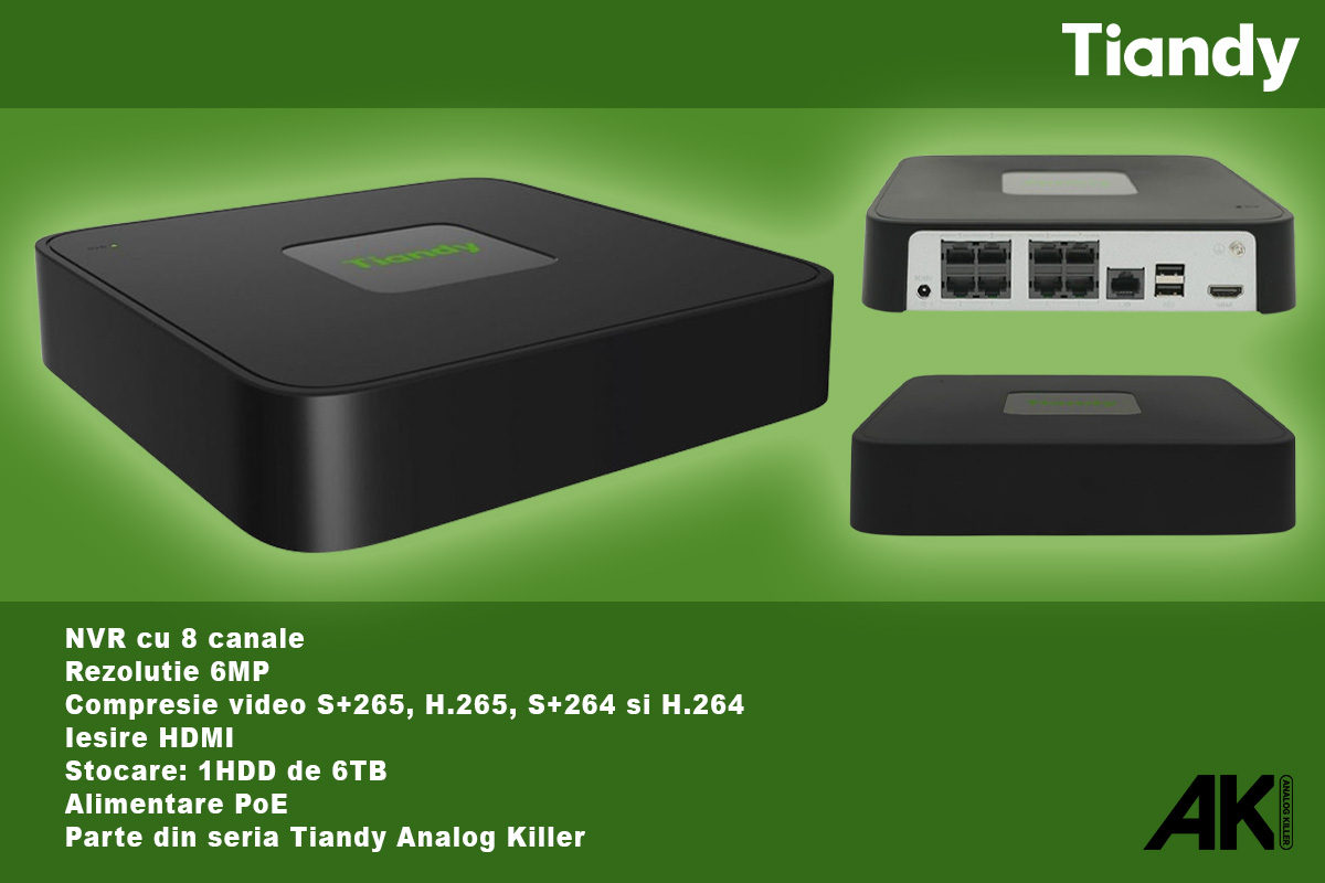 NVR cu 8 canale, 6MP si functii AI din seria Tiandy Analog Killer