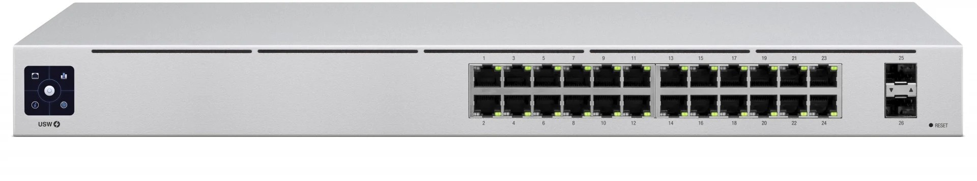 Switch Ubiquiti UniFi, 24 porturi Gigabit, 2 SFP, Layer 2, managed, 52 Gbps, fanless, cu ecran touch 1.3 inch, USW-24