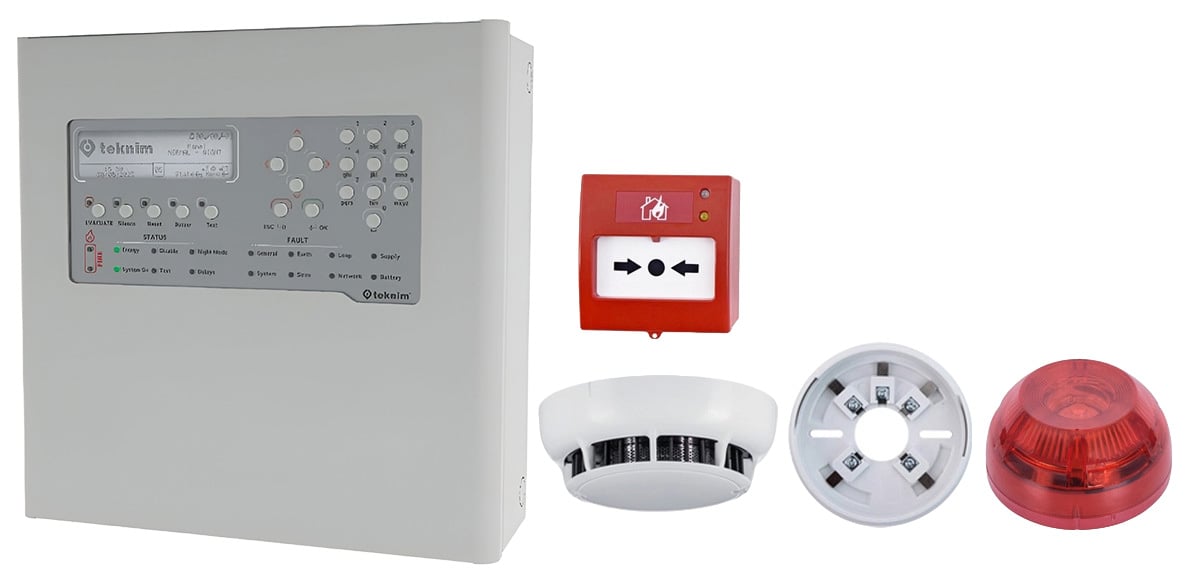 Kit de baza pentru detectie incendiu Teknim, adresabil, Centrala, 5 senzori, buton, sirena, soclu, KITADRTEK5