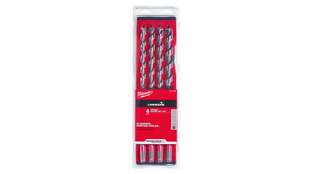 Set 4 burghie sfredel Milwaukee, pentru lemn, placaj, PAL, WPC, geometrie Through-Center, inclinare 20 grade, 48136780