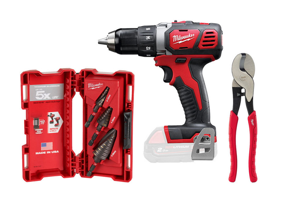 Pachetul instalatorului Milwaukee: masina de gaurit compacta M18, cleste pentru taiat cabluri, set burghie prindere Hex 1/4, 48899266-PROMO