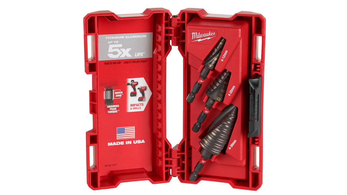 Set burghie Milwaukee, in trepte 4-12mm, 1.4-20mm, 4-30mm, 3 piese, canelura spiralata dubla, prindere Hex 1/4 inch Shockzone, 48899266