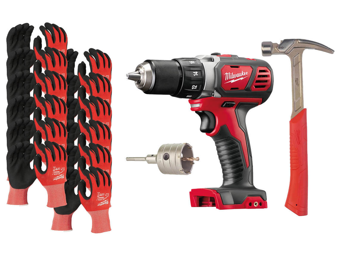 Pachetul instalatorului Milwaukee: masina de gaurit compacta M18, carota SDS-Plus 68mm, ciocan dulgher, set 12 manusi, 4932399296-PROMO